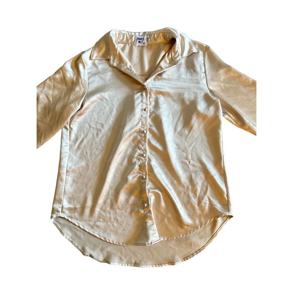 US-8 Princess Polly 90210 Satin Button-Up Blouse Top White Mini Dress Long Slv - Picture 1 of 4